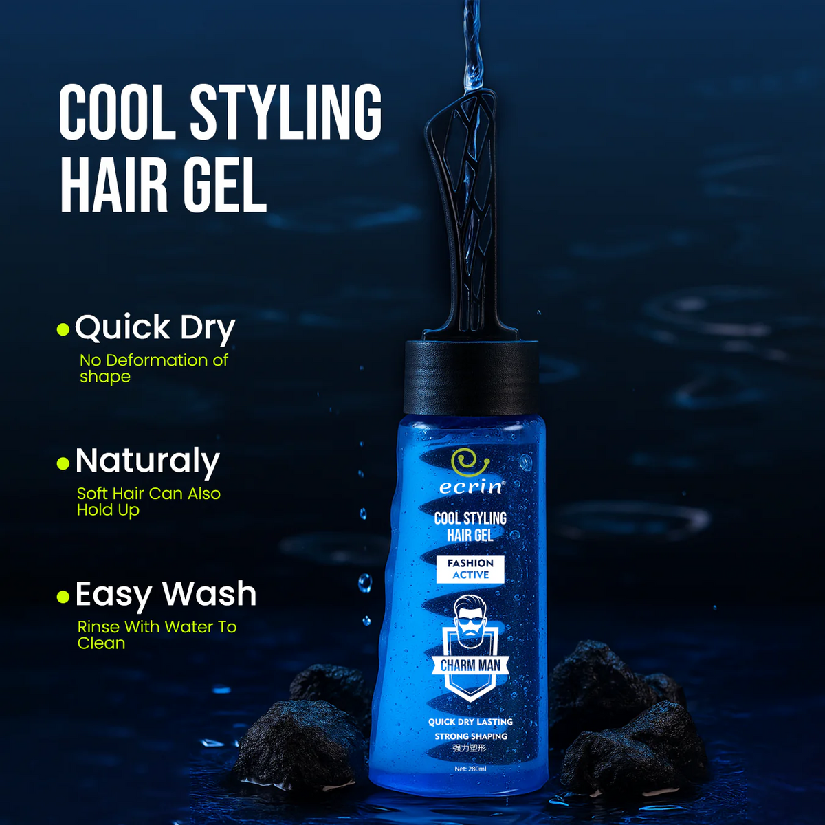 ECRIN Cool Styling Hair Gel with Active Collagen | for All Hair Types, Daily Use Gel with Refreshing Cool Effect - With Comb (280ml)