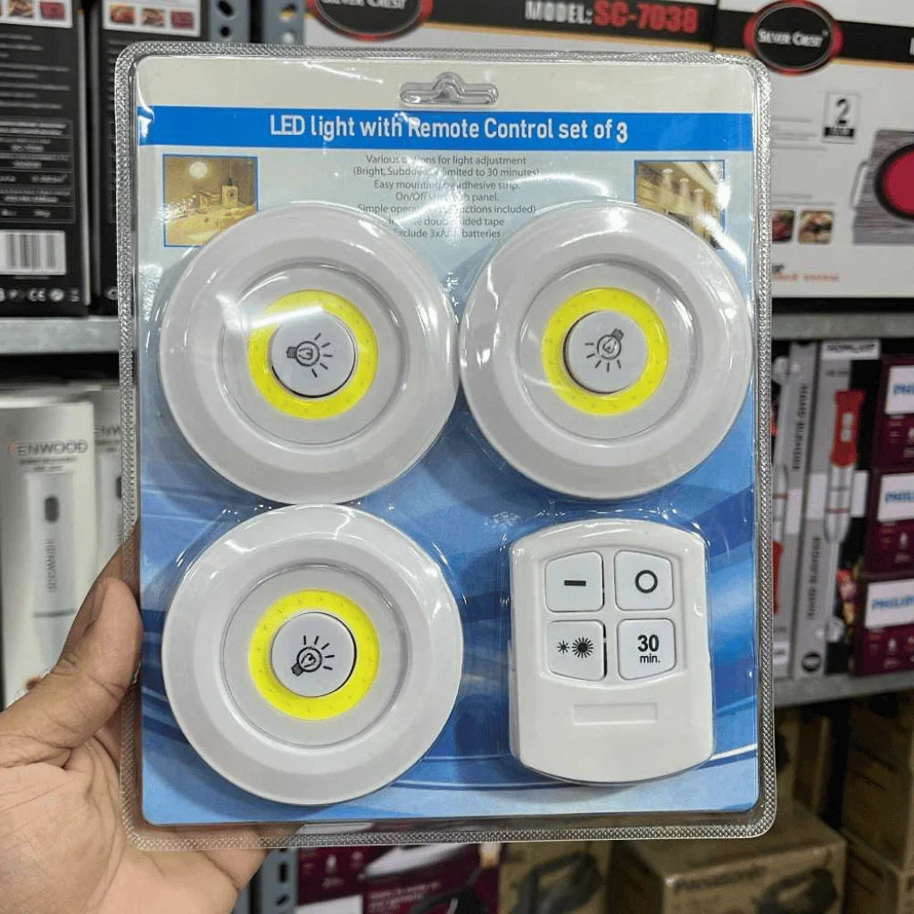 Pack Of 3 LED Remote Control Lights | Tap Light For Cabinet Wardrobe Room Kitchen & Office