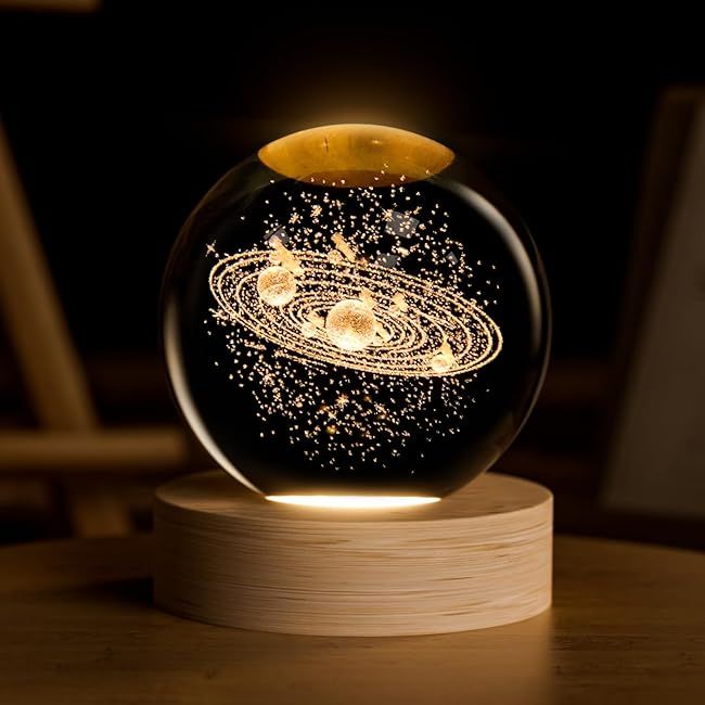 3D Galaxy Crystal Ball Night Light for Kids with USB Table Colorful LED Wooden Light Base