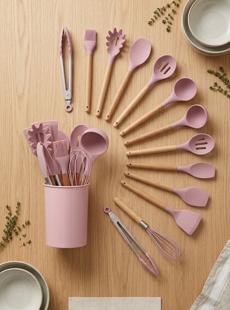 12-Piece Silicone Kitchen Utensil Set with Wooden Handles