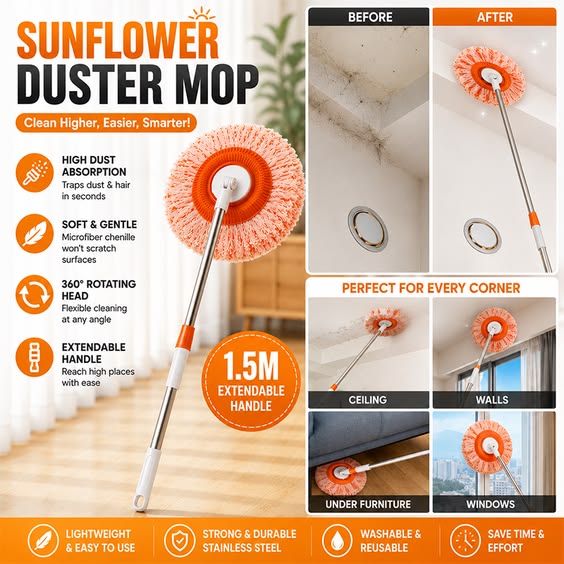 Sunflower Shape Cleaning Mop | 360° Rotating Extendable Microfiber | For Walls, Floors, Bathroom, Windows & Car Cleaning