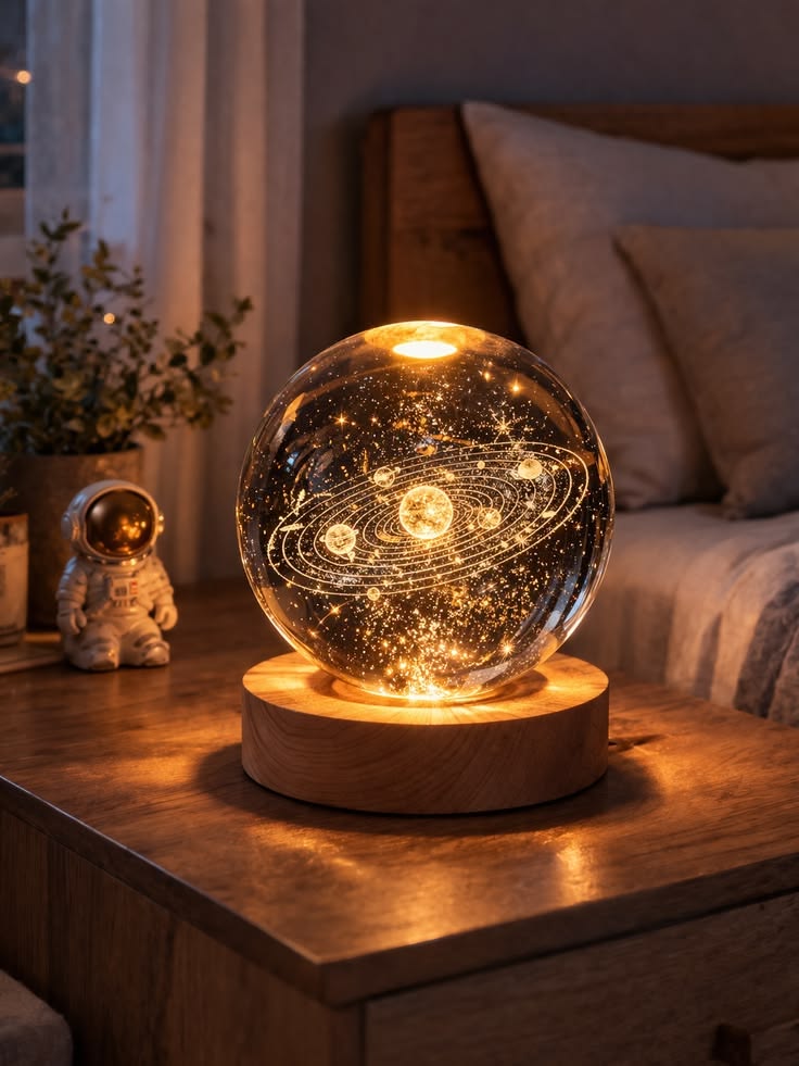 3D Galaxy Crystal Ball Night Light for Kids with USB Table Colorful LED Wooden Light Base