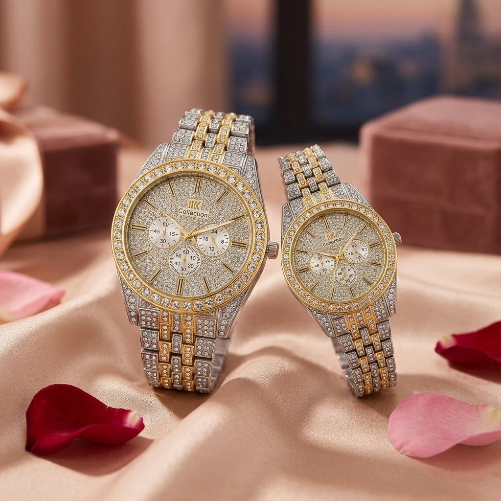 Luxury Diamond-Accented Couple Watch Set Available in 5 colors (Without Box)