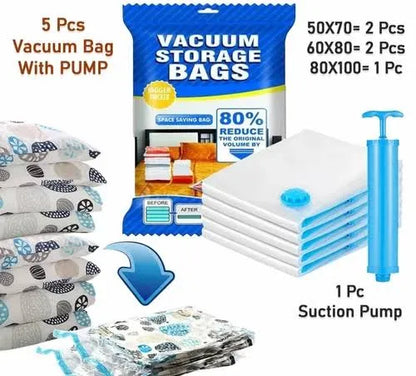 Vacuum Storage Bags Set (5 Bags + 1 Hand Pump) – Reusable Space