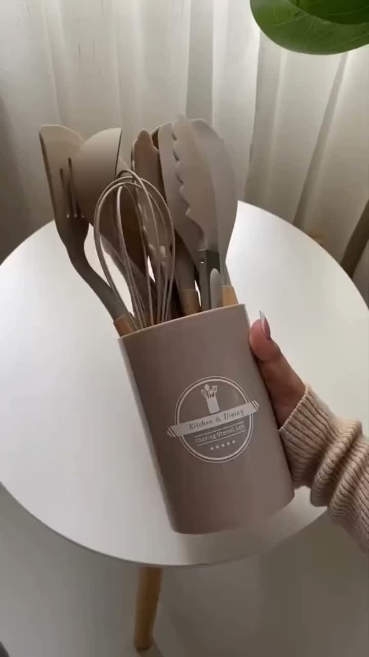 12-Piece Silicone Kitchen Utensil Set with Wooden Handles