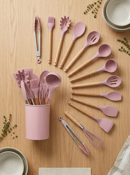 12-Piece Silicone Kitchen Utensil Set with Wooden Handles