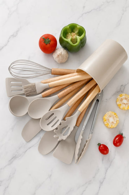 12-Piece Silicone Kitchen Utensil Set with Wooden Handles