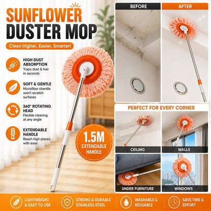 Sunflower Shape Cleaning Mop | 360° Rotating Extendable Microfiber | For Walls, Floors, Bathroom, Windows & Car Cleaning