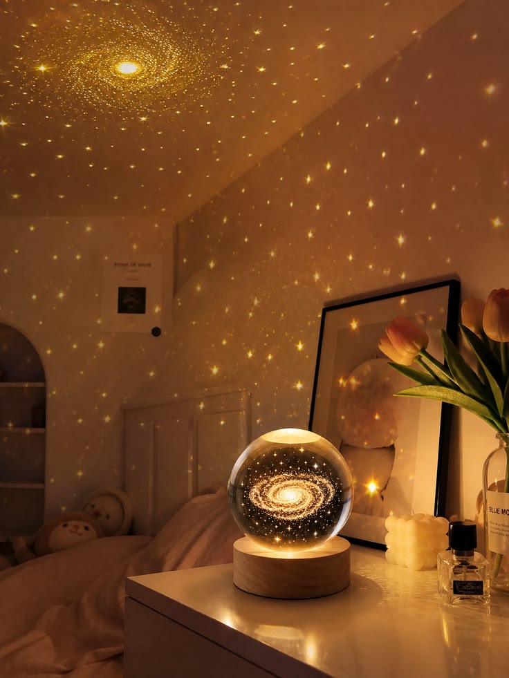 3D Galaxy Crystal Ball Night Light for Kids with USB Table Colorful LED Wooden Light Base